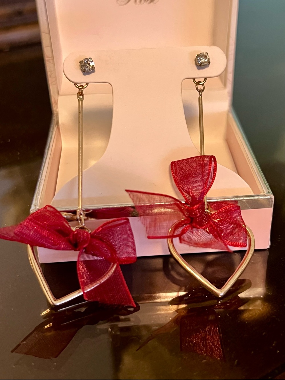 Gold Heart Drop Earrings with Red Ribbon Accent